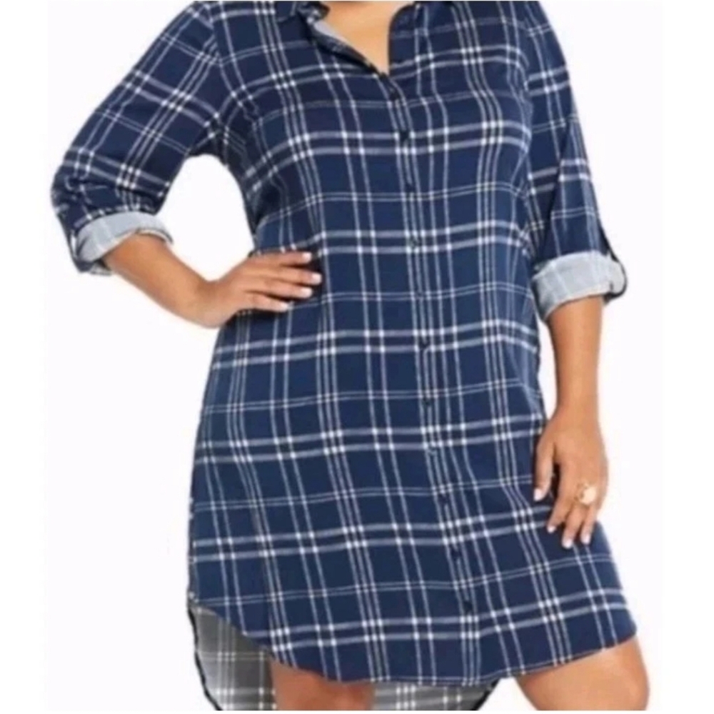 Torrid Midi Shirt Dress Sz 1X Blue Plaid Button Roll Tab Sleeve Preppy Hertiage